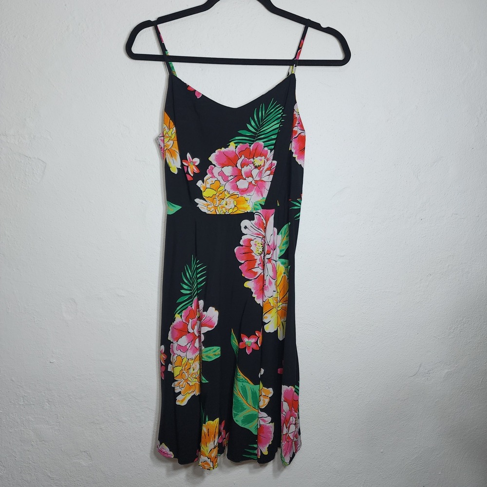 Floral Tropical Mini Dress Black Pink Yellow Fit Flare Smocked Back medium